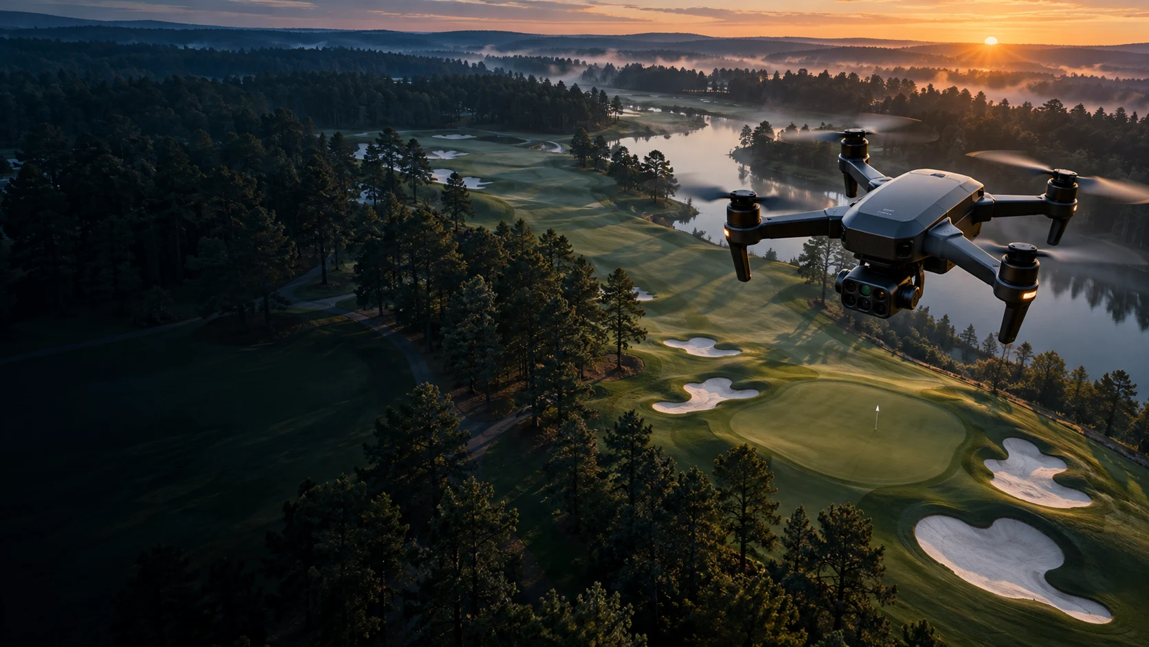 Aerial view of a golf course at sunrise with a drone above the fairway